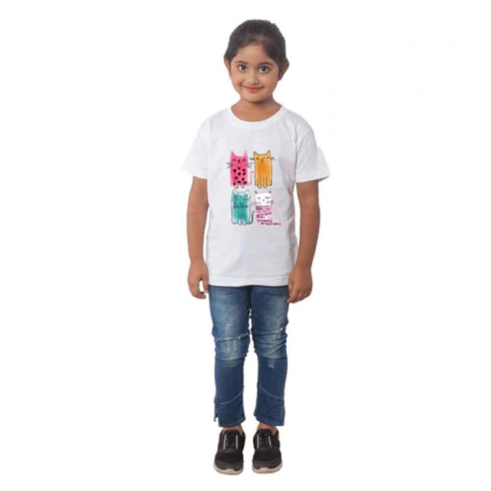 Girls Cotton Cat Half Sleeve Tshirt — White
