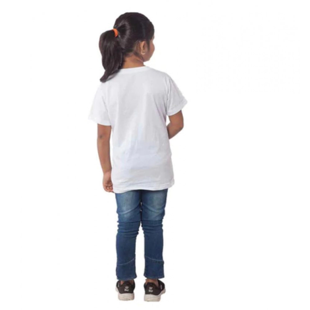 Girls Cotton Cat Half Sleeve Tshirt — White
