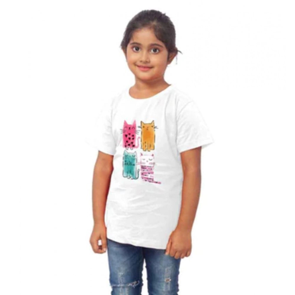 Girls Cotton Cat Half Sleeve Tshirt — White