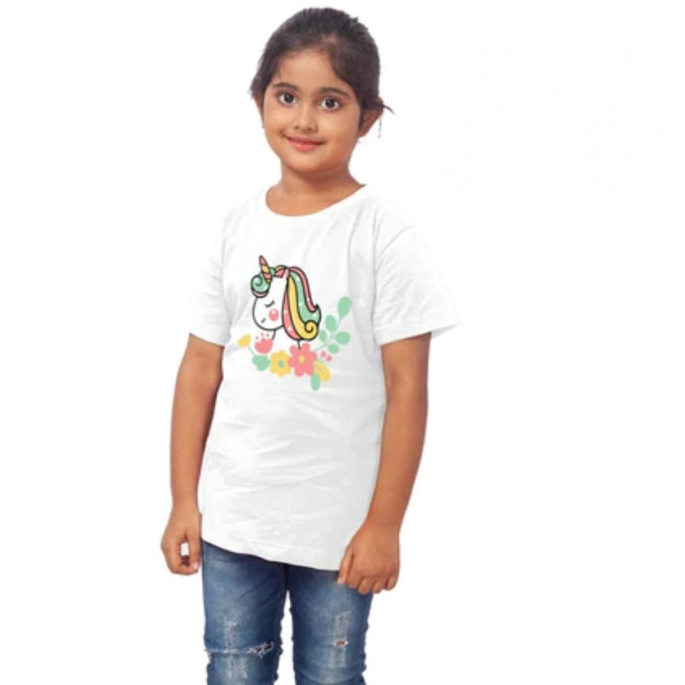 Girls Cotton Unicorn Face Half Sleeve Tshirt — White