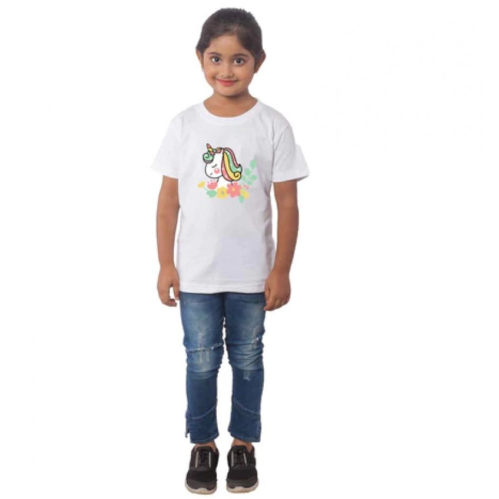 Girls Cotton Unicorn Face Half Sleeve Tshirt — White