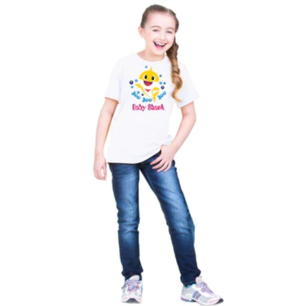 Girls Cotton Baby Shark Half Sleeve Tshirt — White