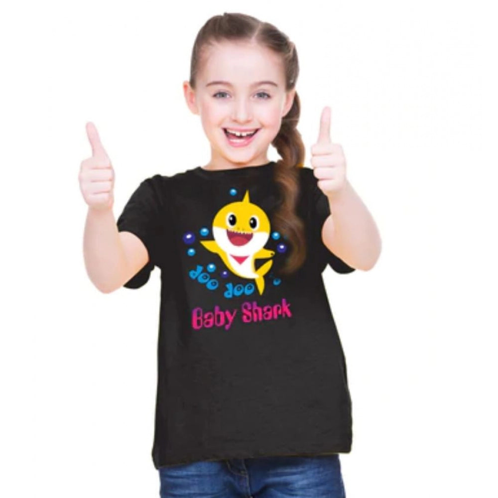Girls Cotton Baby Shark Half Sleeve Tshirt — Black