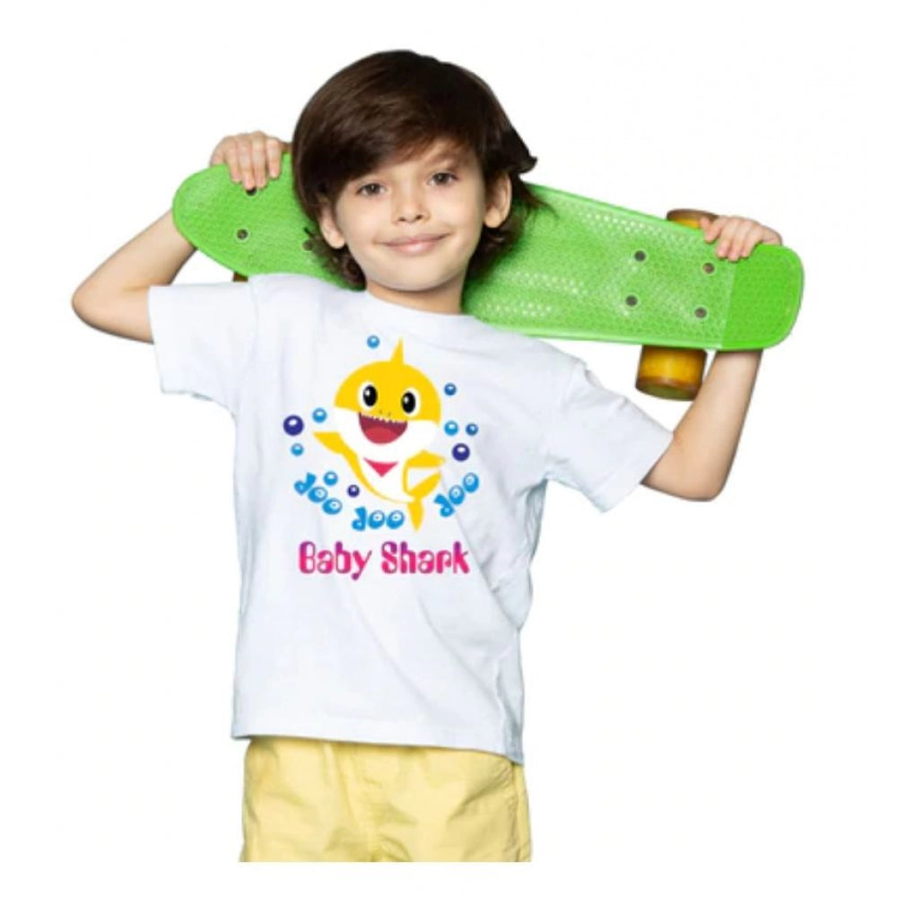 Boys Cotton Baby Shark Half Sleeve Tshirt — White