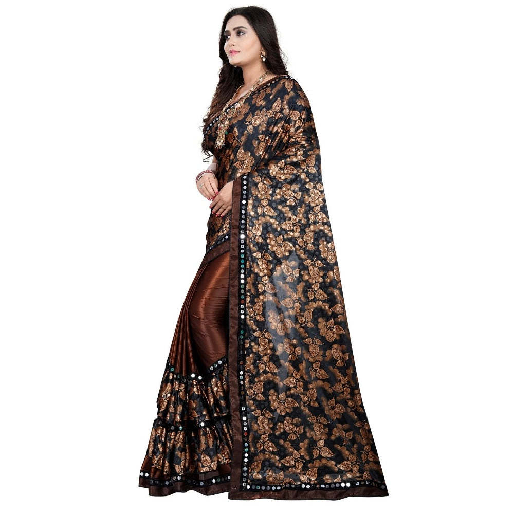 Women's Lycra Blend Saree — Coffee