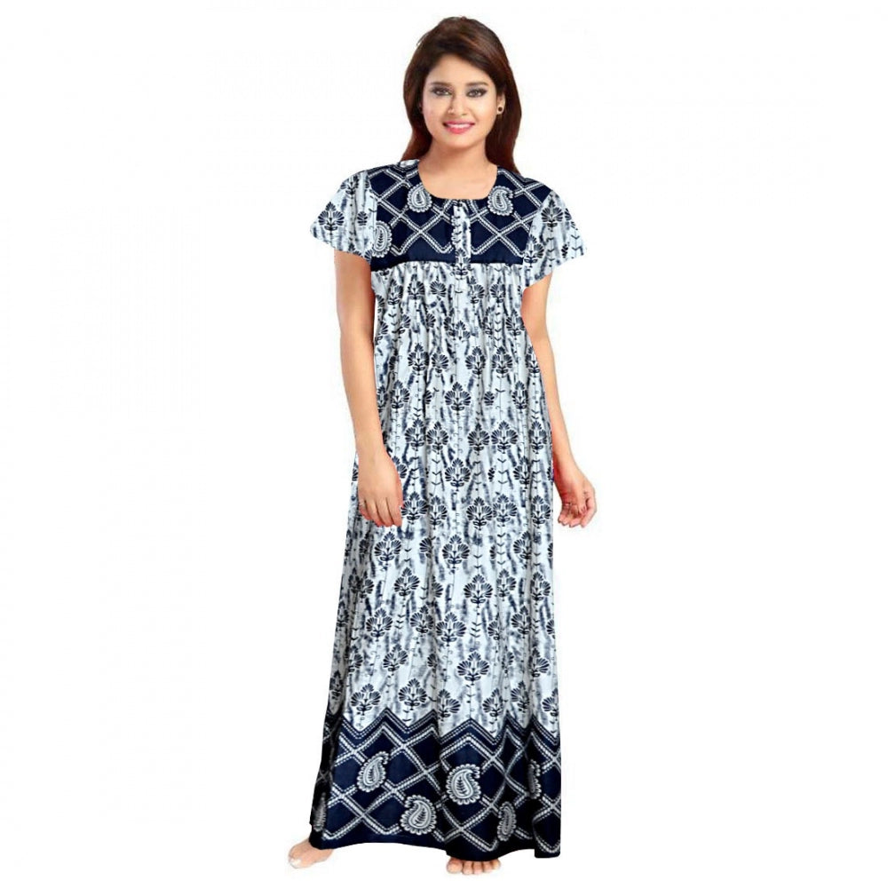 Women's Cotton Printed Maxi Nighty — Navy Blue