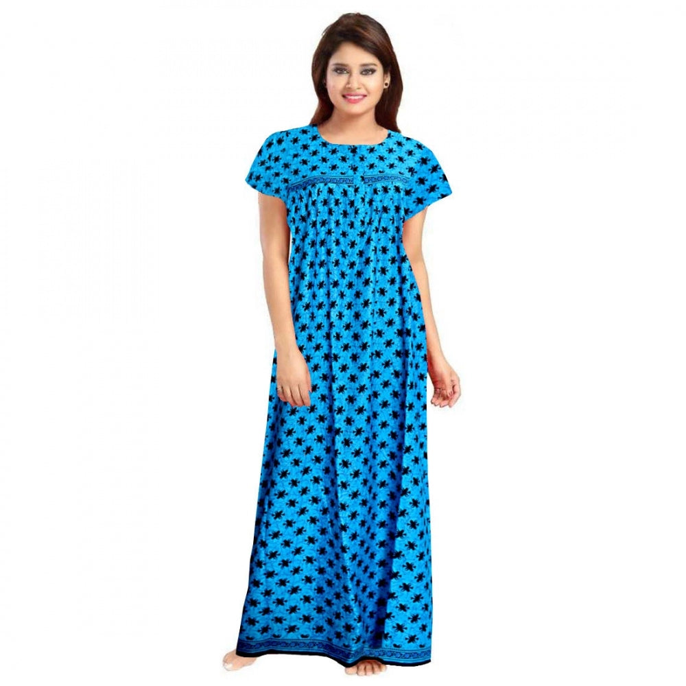 Women's Cotton Printed Maxi Nighty — Aqua Blue