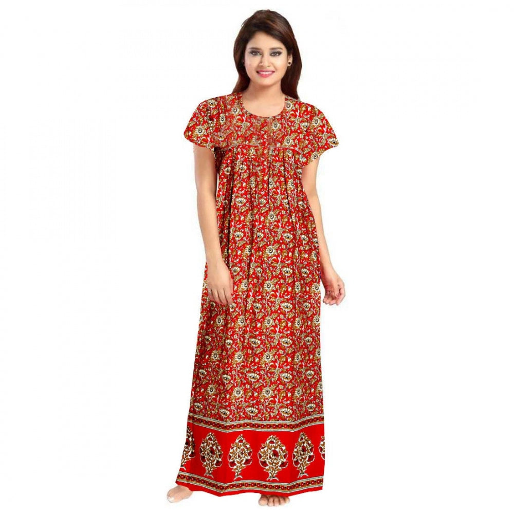 Women's Cotton Printed Maxi Nighty — Red · 30_L