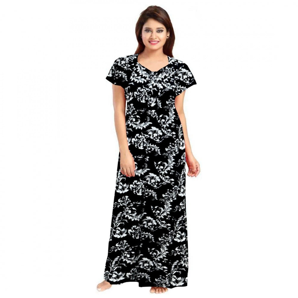 Women's Cotton Printed Maxi Nighty — Black · 34_L