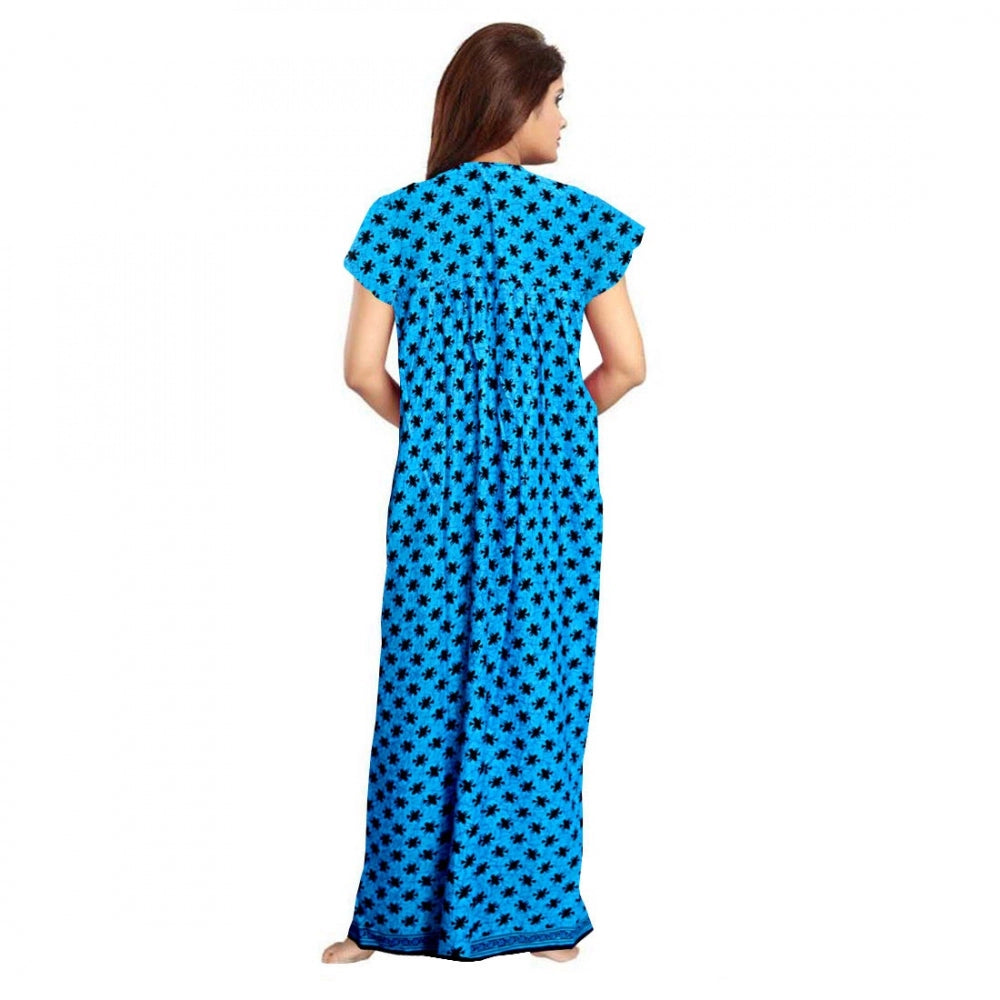 Women's Cotton Printed Maxi Nighty — Aqua Blue