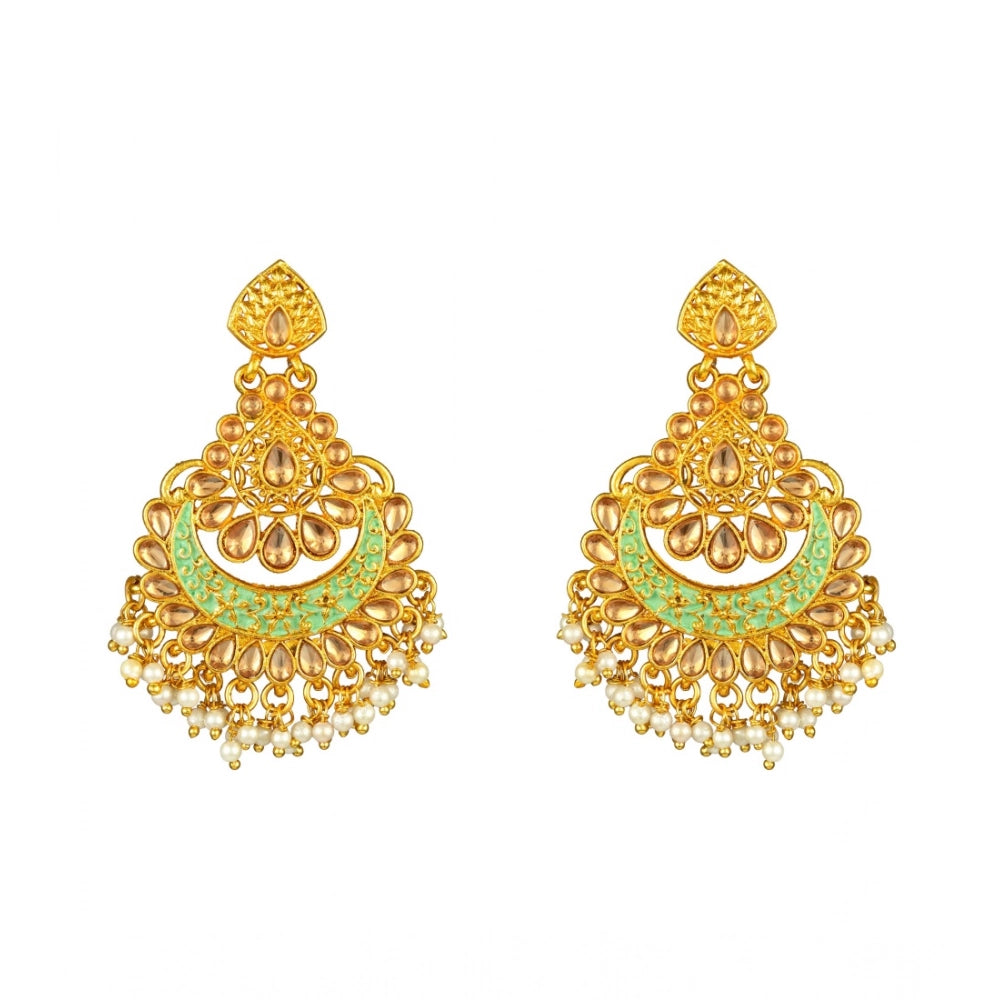 Women's Rose Gold Plated Alloy Kundan Earrings & Mangtikka — Green · 0055