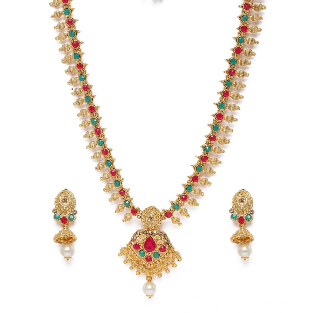 Women's Rose Gold Plated Alloy Necklace & Earings Set — Green & Red · 0130