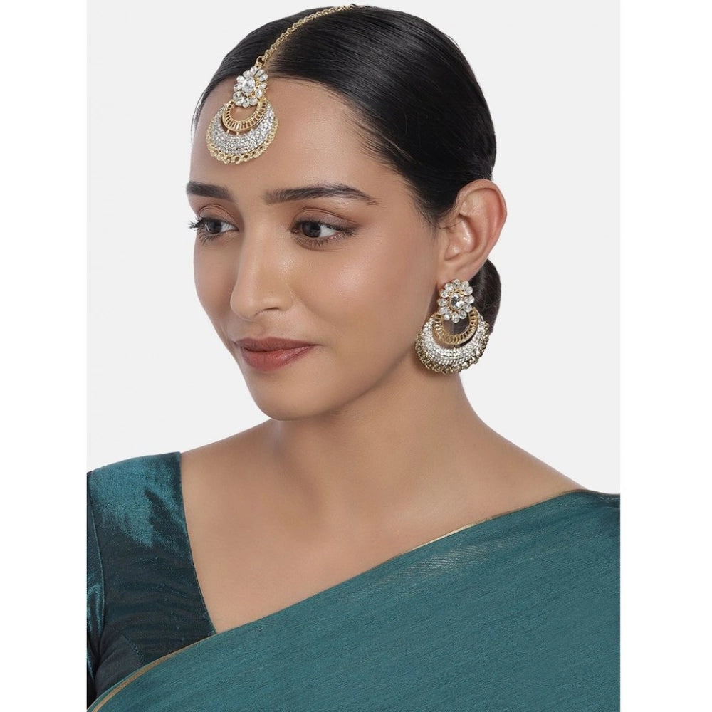 Women's Rose Gold Plated Alloy Kundan Earrings & Mangtikka — White
