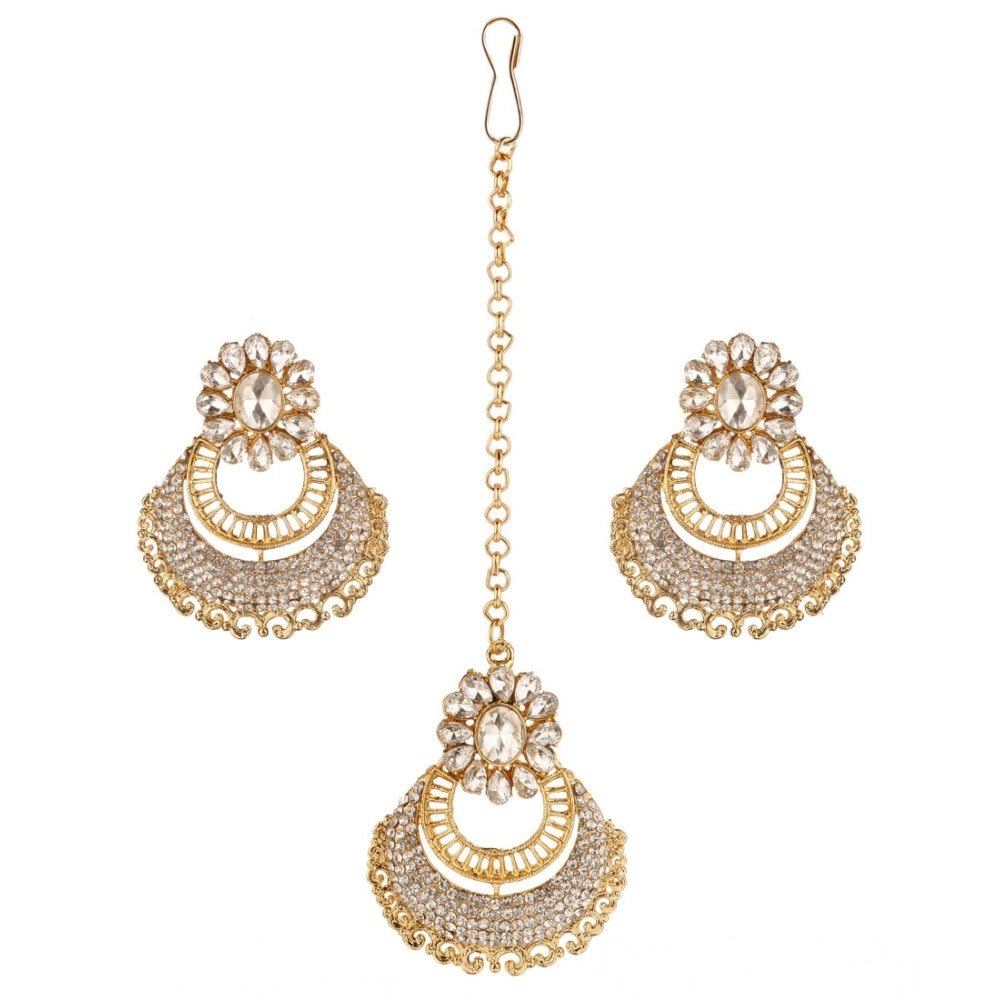 Women's Rose Gold Plated Alloy Kundan Earrings & Mangtikka — White