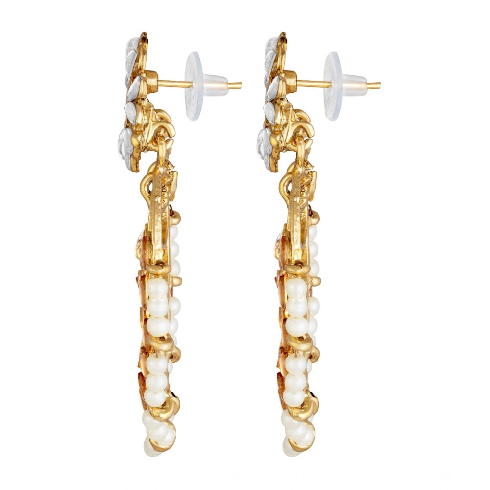 Women's Rose Gold Plated Alloy Kundan Earrings & Mangtikka — White & Gold