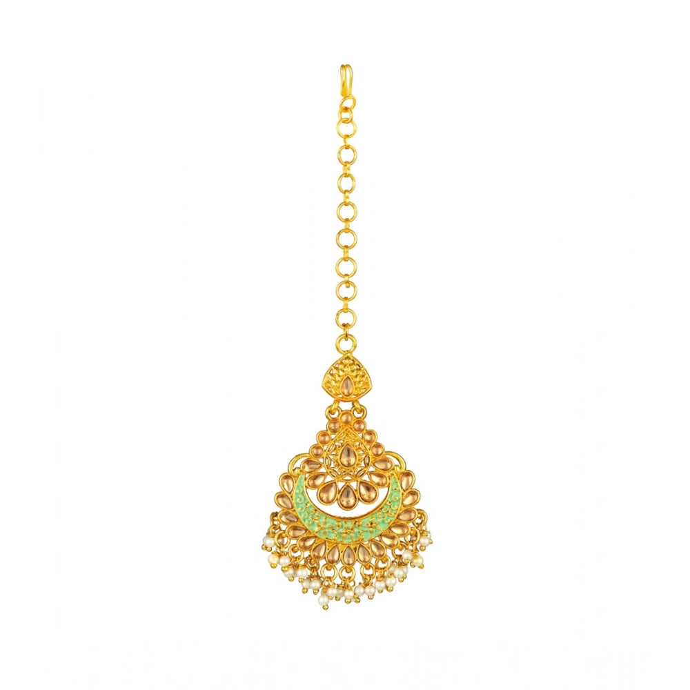 Women's Rose Gold Plated Alloy Kundan Earrings & Mangtikka — Green · 0055