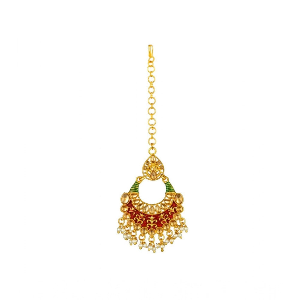 Women's Rose Gold Plated Alloy Kundan Earrings & Mangtikka — Red & Green · 0053