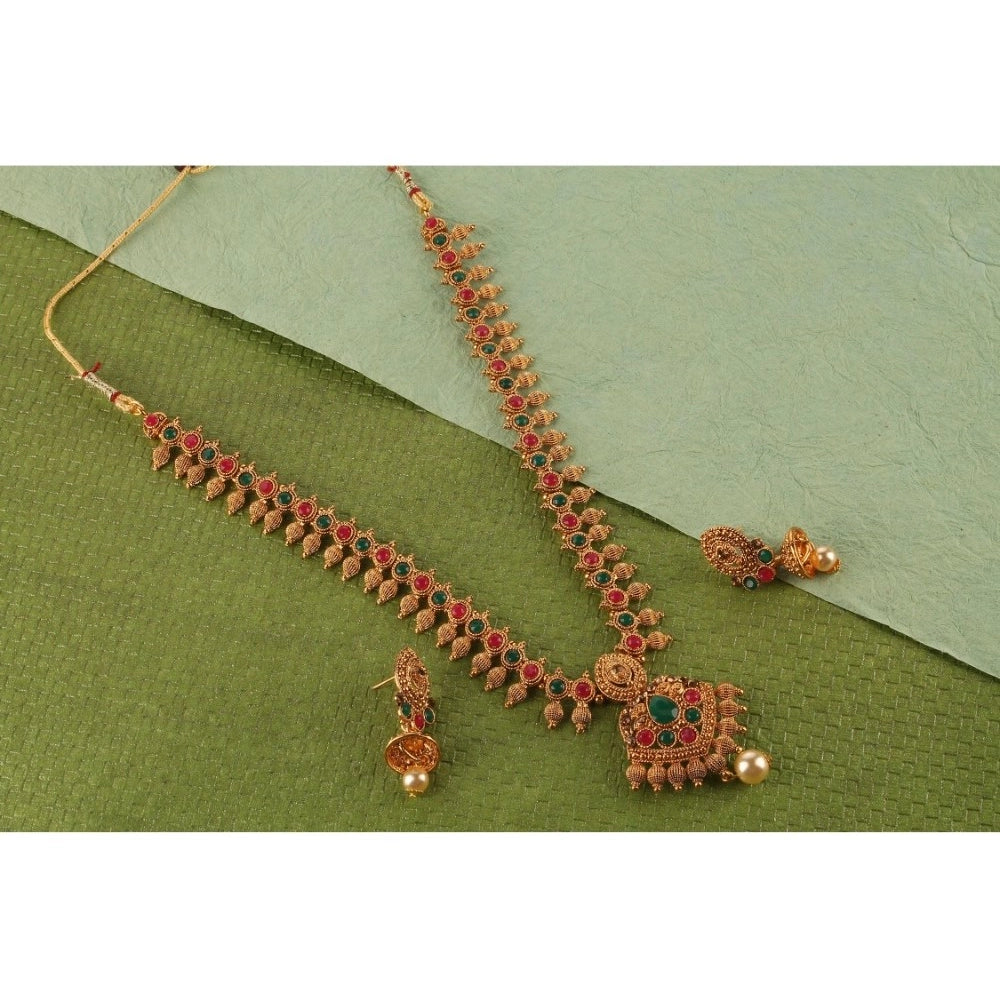 Women's Rose Gold Plated Alloy Necklace & Earings Set — Green & Red · 0130