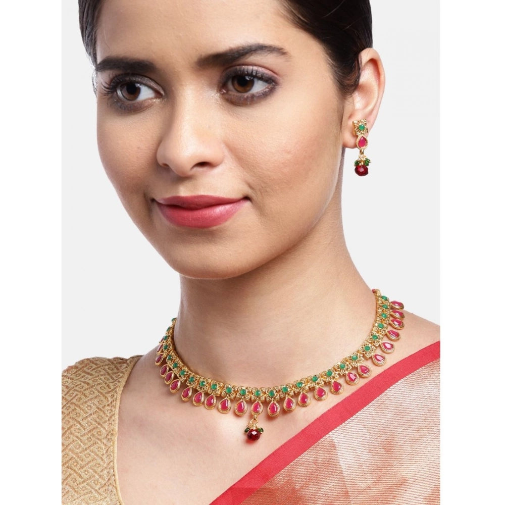 Women's Rose Gold Plated Alloy Necklace & Earings Set — Green & Red · 0203