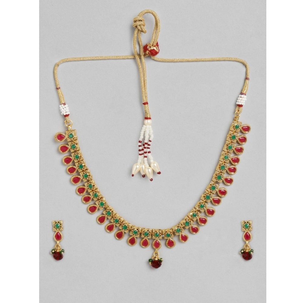 Women's Rose Gold Plated Alloy Necklace & Earings Set — Green & Red · 0203
