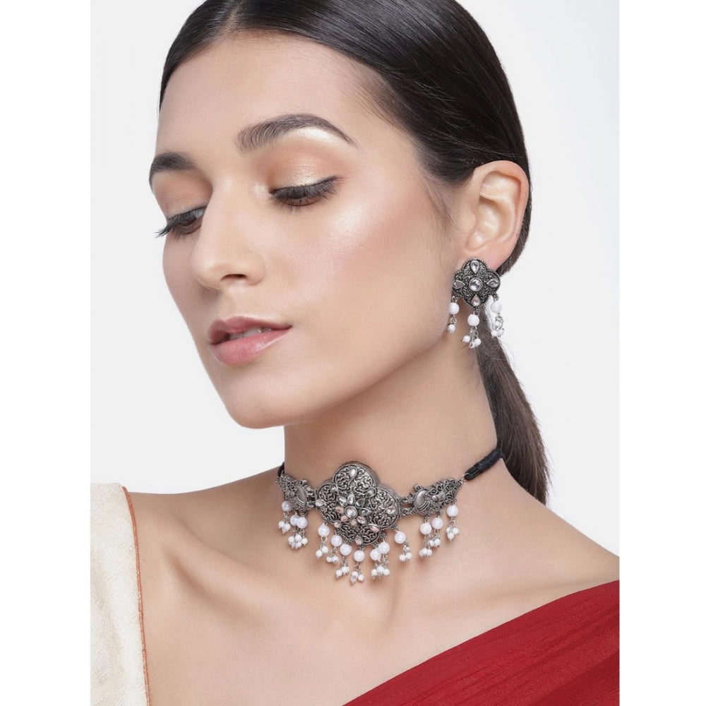 Women's Rose Gold Plated Alloy Necklace & Earings Set — Silver & White