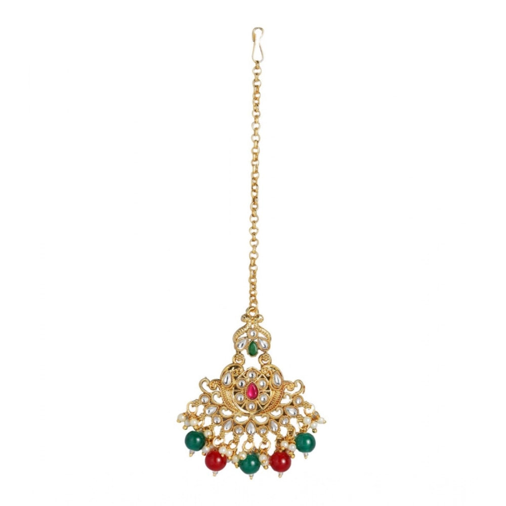 Women's Rose Gold Plated Alloy Kundan Earrings & Mangtikka — Red & Green · 0065