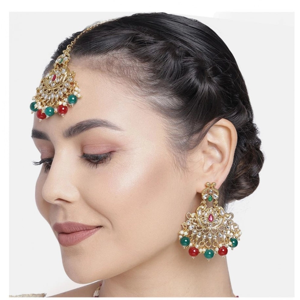 Women's Rose Gold Plated Alloy Kundan Earrings & Mangtikka — Red & Green · 0065