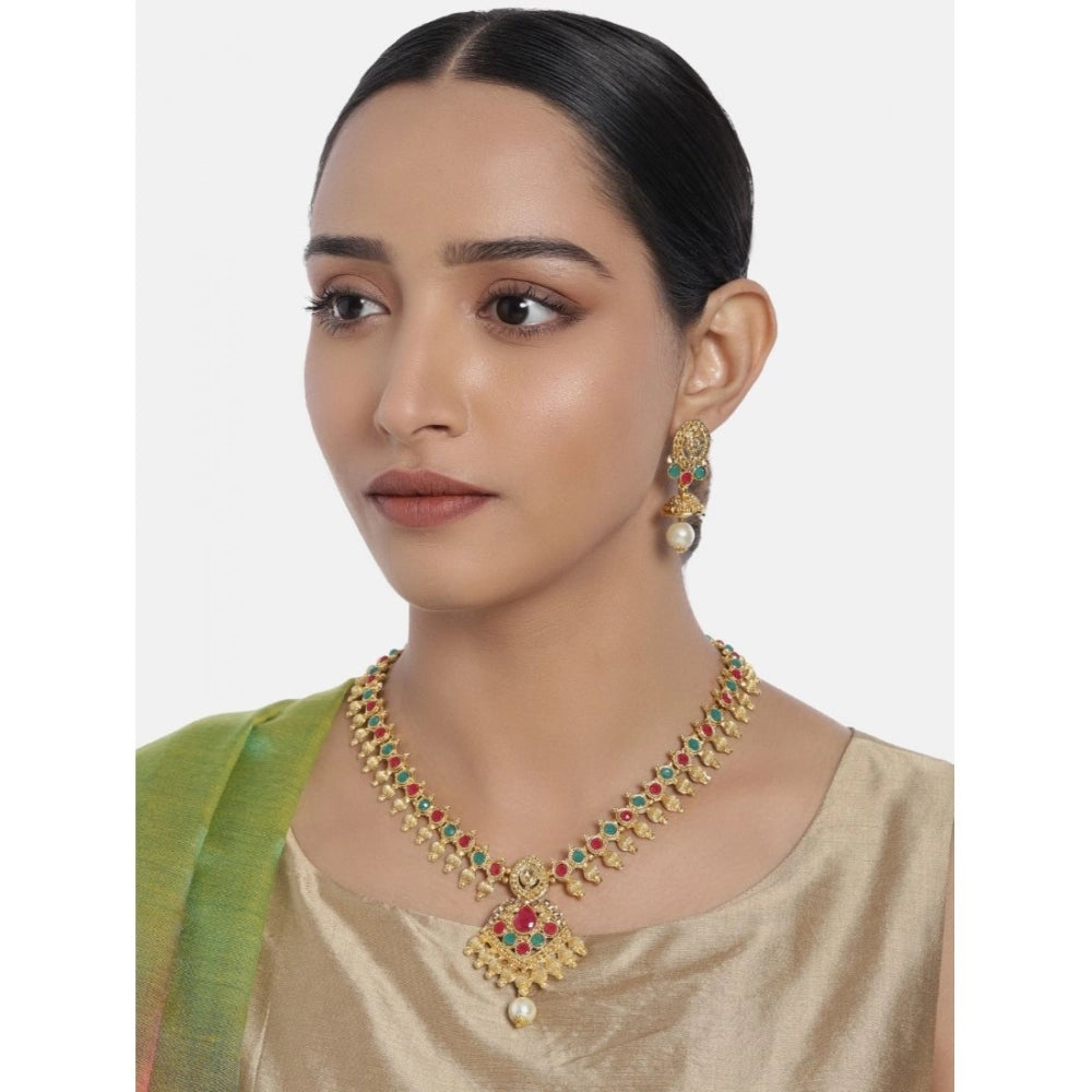 Women's Rose Gold Plated Alloy Necklace & Earings Set — Green & Red · 0130