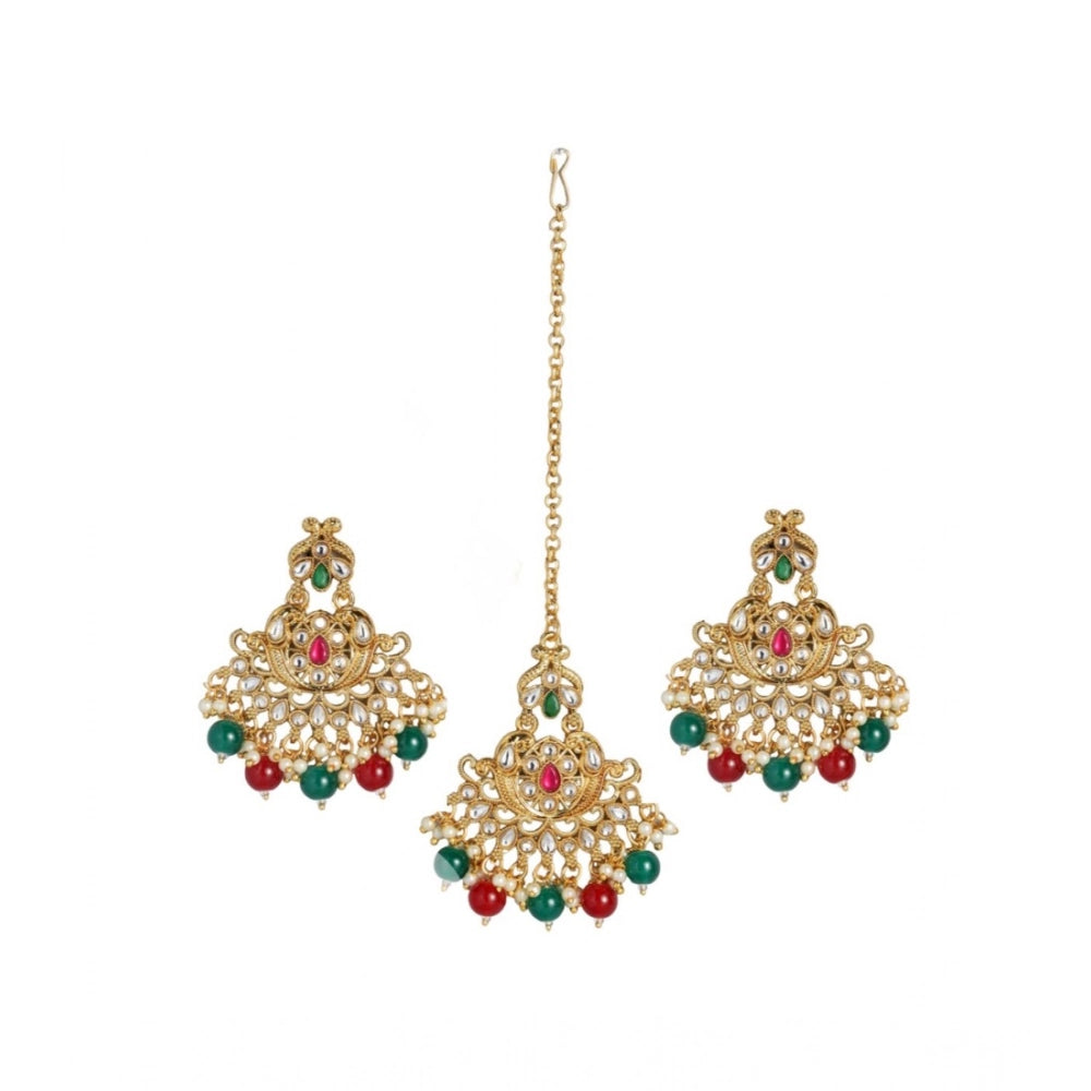 Women's Rose Gold Plated Alloy Kundan Earrings & Mangtikka — Red & Green · 0065