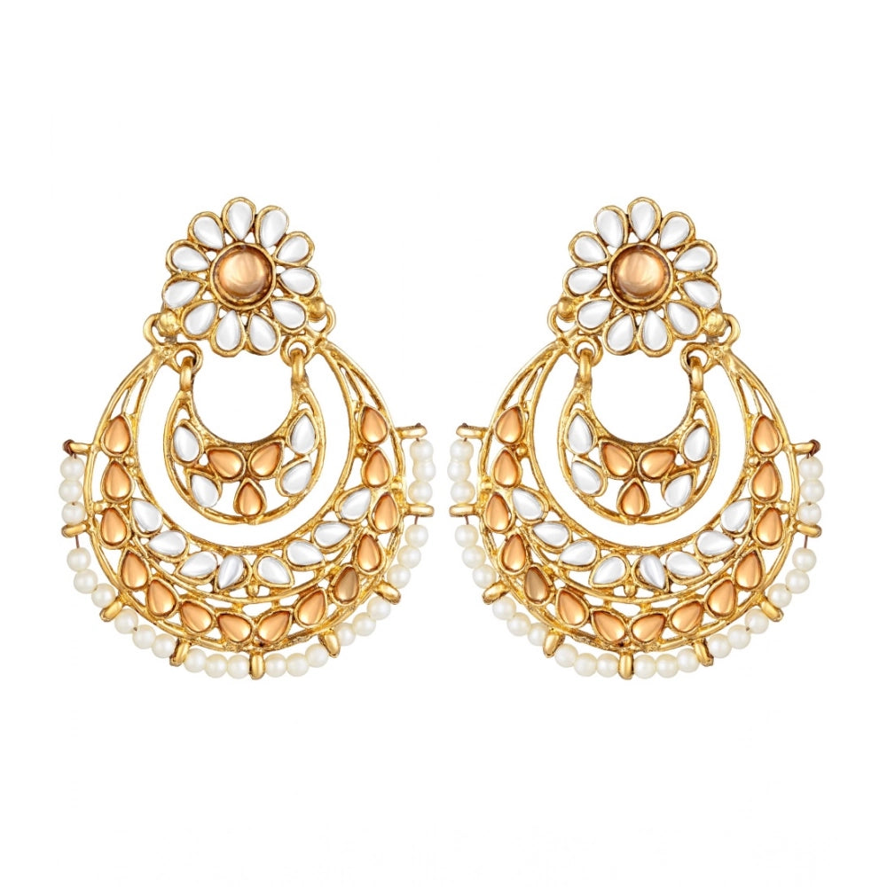 Women's Rose Gold Plated Alloy Kundan Earrings & Mangtikka — White & Gold