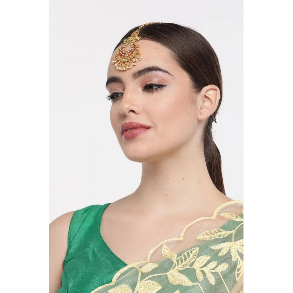 Women's Rose Gold Plated Alloy Kundan Earrings & Mangtikka — Maroon