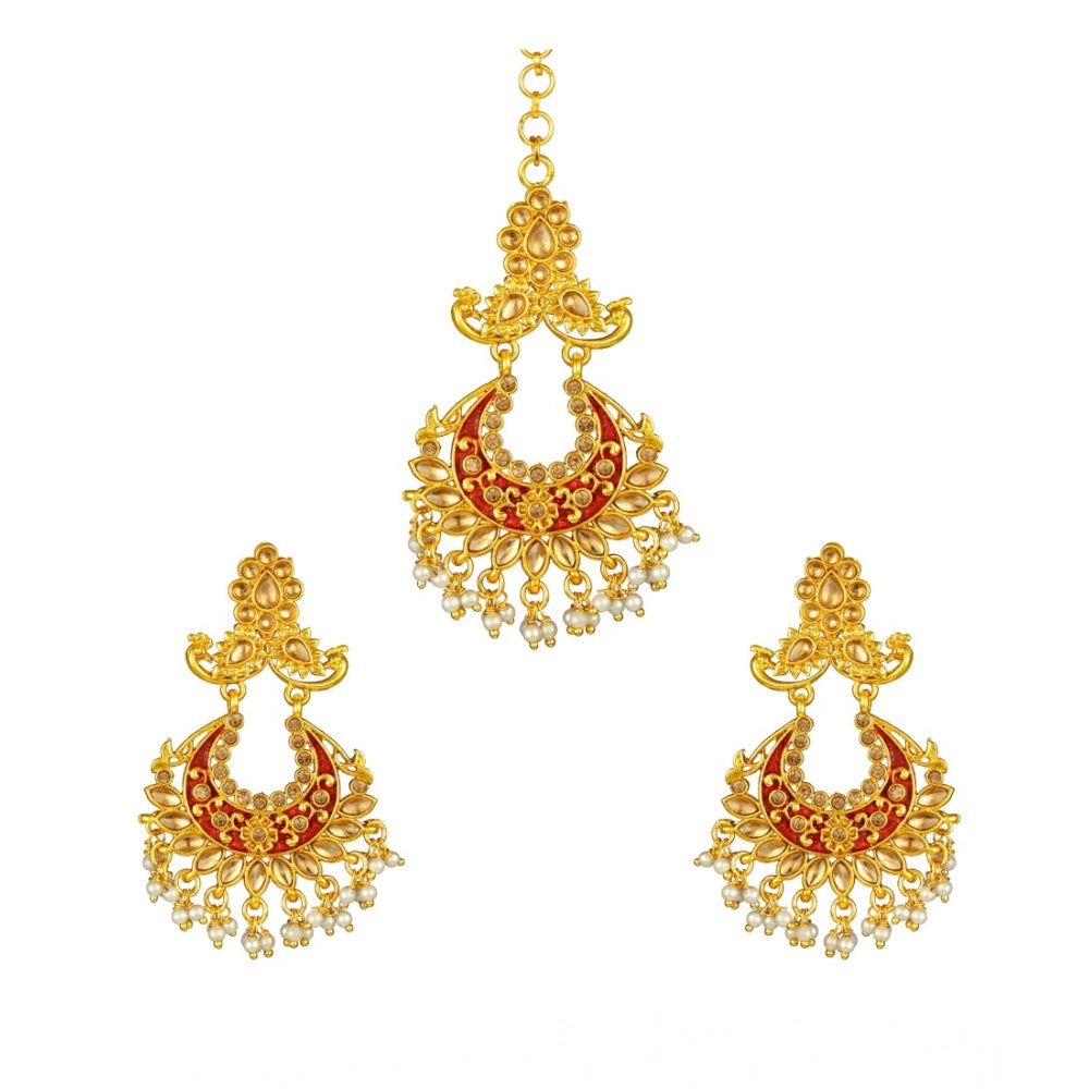 Women's Rose Gold Plated Alloy Kundan Earrings & Mangtikka — Maroon