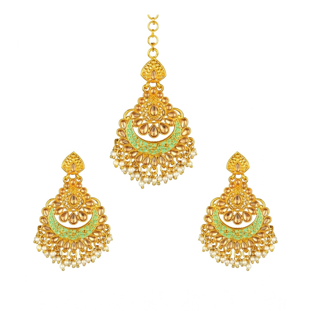Women's Rose Gold Plated Alloy Kundan Earrings & Mangtikka — Green · 0055
