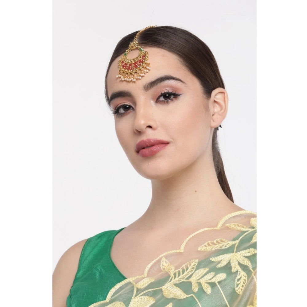 Women's Rose Gold Plated Alloy Kundan Earrings & Mangtikka — Red & Green · 0053