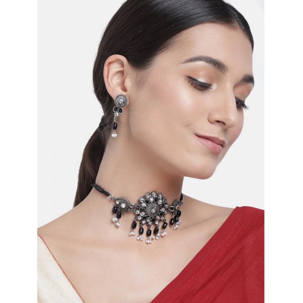 Women's Rose Gold Plated Alloy Necklace & Earings Set — Black