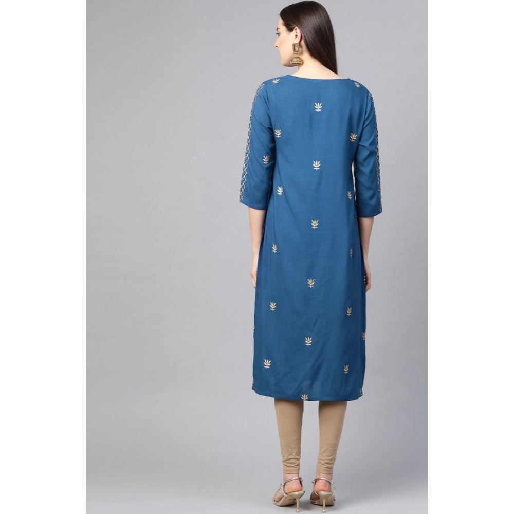 Women's Casual 3/4 Th Sleeve Floral Printed Rayon Kurti — Blue