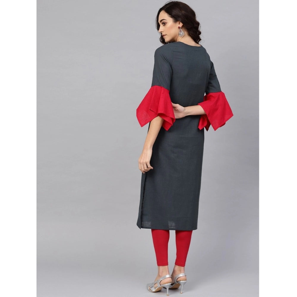 Women's Casual Bell Sleeves Mirror Work Cotton Slub Kurti — Grey
