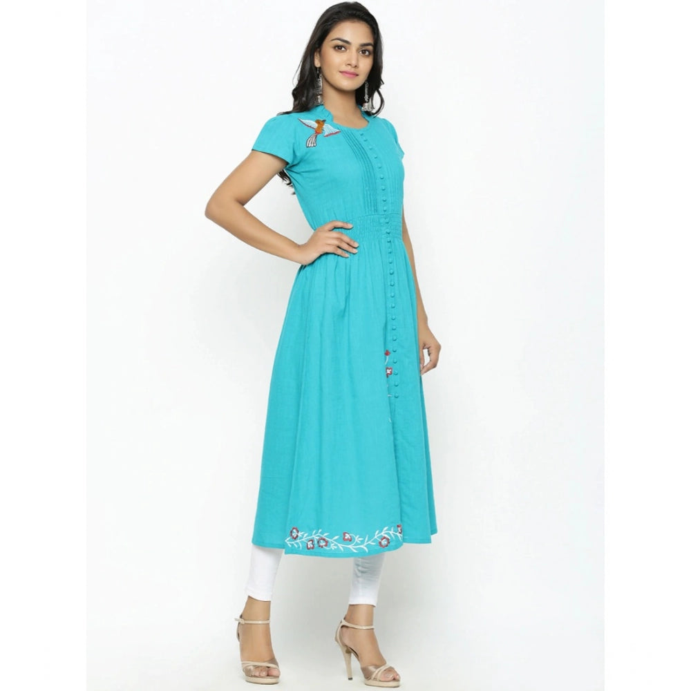 Women's Casual Short Sleeve Embroidery Cotton Slub Kurti — Torque Green