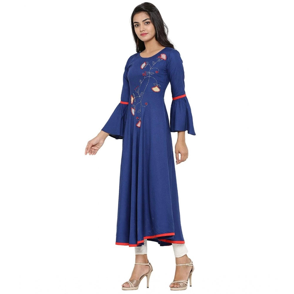 Women's Casual Bell Sleeves Embroidery Rayon Kurti — Blue