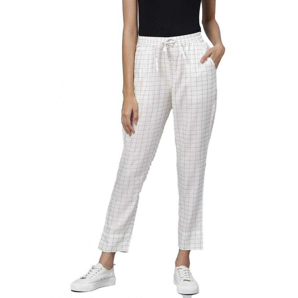 Women's Casual Checked Rayon Trouser Pant — White