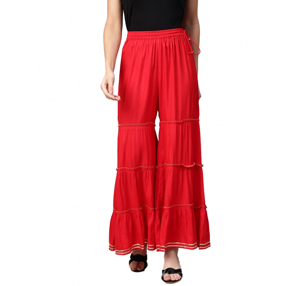 Women's Casual Solid Rayon Sharara — Red