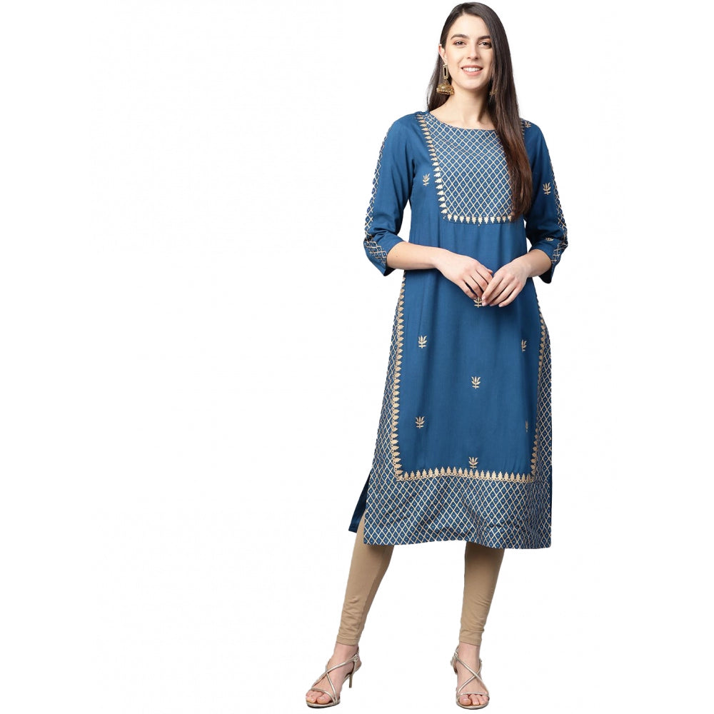 Women's Casual 3/4 Th Sleeve Floral Printed Rayon Kurti — Blue