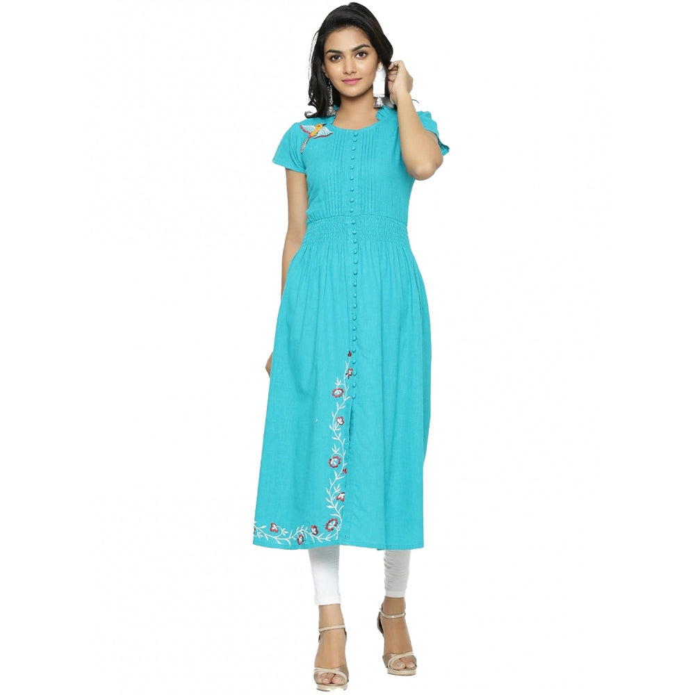 Women's Casual Short Sleeve Embroidery Cotton Slub Kurti — Torque Green