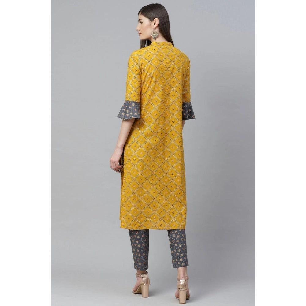 Women's Casual Bell Sleeves Geomatrical Printed Cotton Kurti Set — Yellow