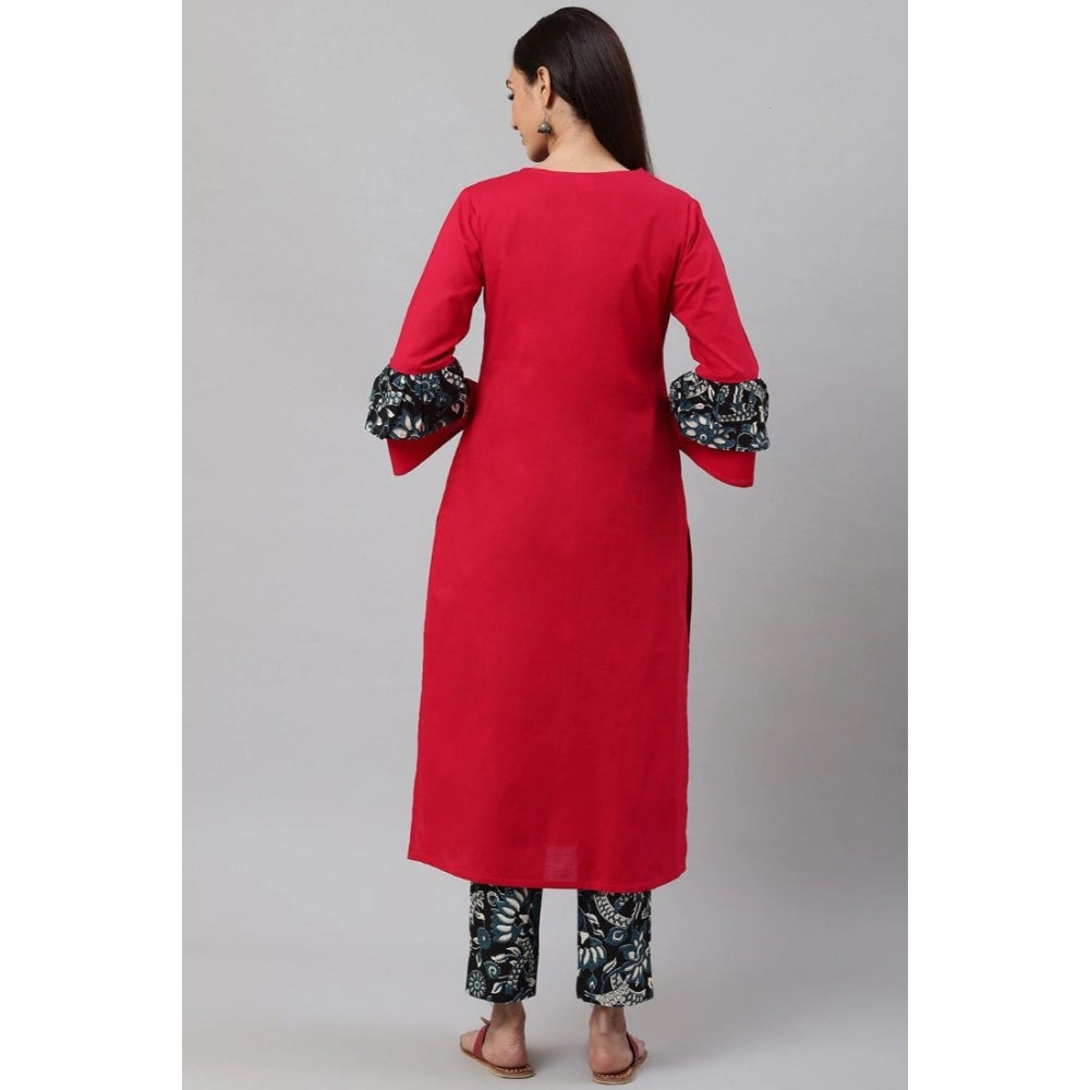 Women's Casual Bell Sleeves Floral Printed Cotton Kurti Set — Rani Pink