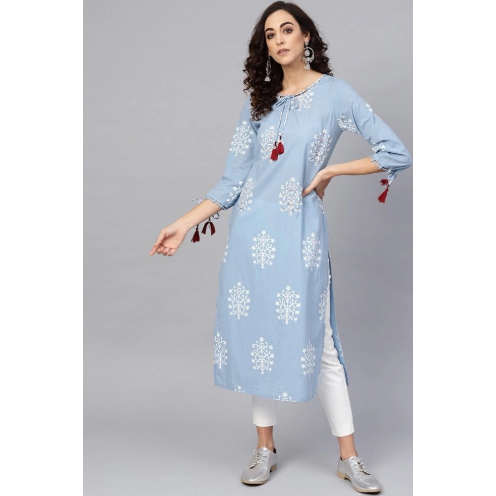 Women's Casual 3/4 Th Sleeve Embroidery Cambric Cotton Kurti — Blue