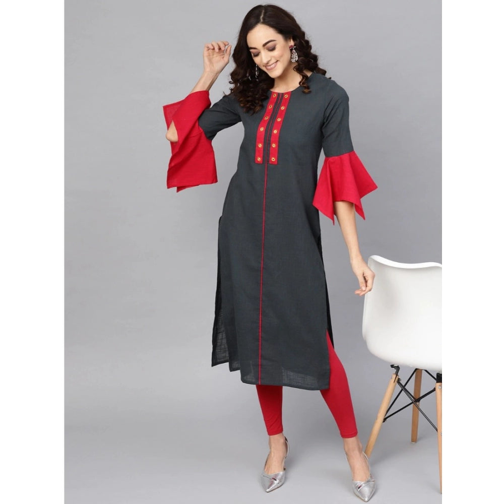 Women's Casual Bell Sleeves Mirror Work Cotton Slub Kurti — Grey