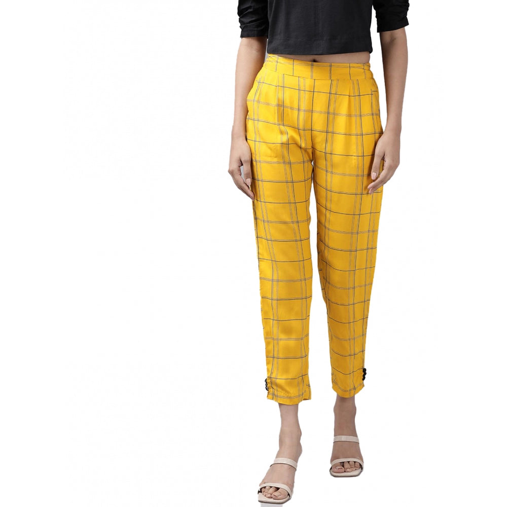 Women's Casual Checked Rayon Trouser Pant — Yellow