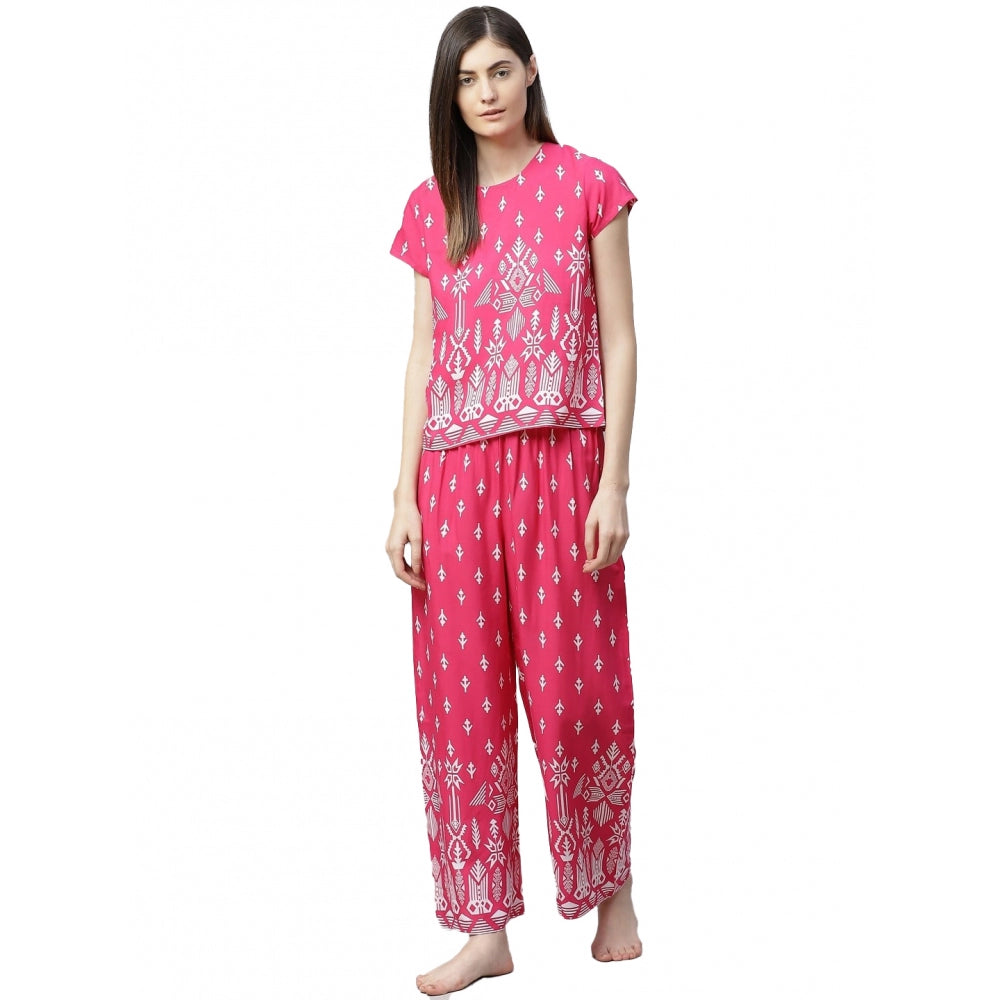 Women's Casual Short Sleeve Printed Rayon Pajama Set — Pink