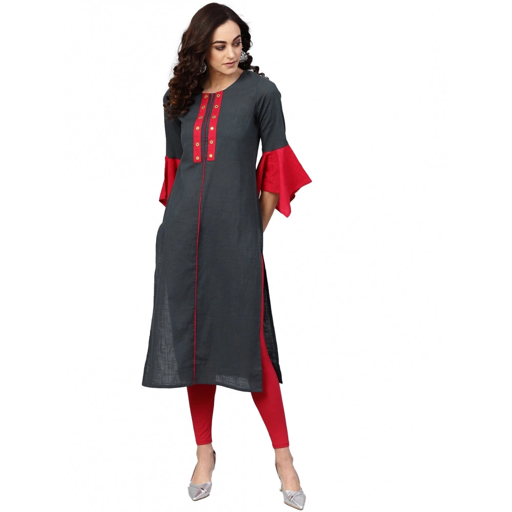 Women's Casual Bell Sleeves Mirror Work Cotton Slub Kurti — Grey